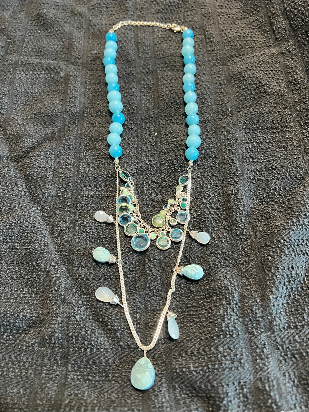 Blue Multi-Strand Beaded Pendant Necklace - Elegant Layered Statement